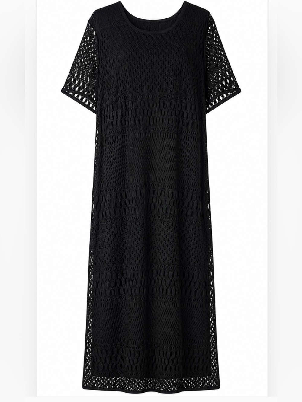 Boho Black Maxi Dress 2X Open Crochet Lined Resort Vacation